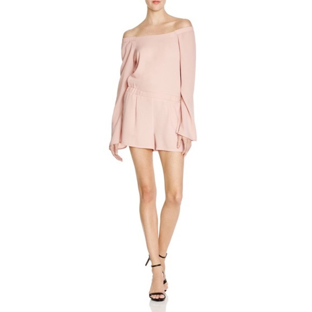 Bcbgmaxazria off the shoulder pink romper